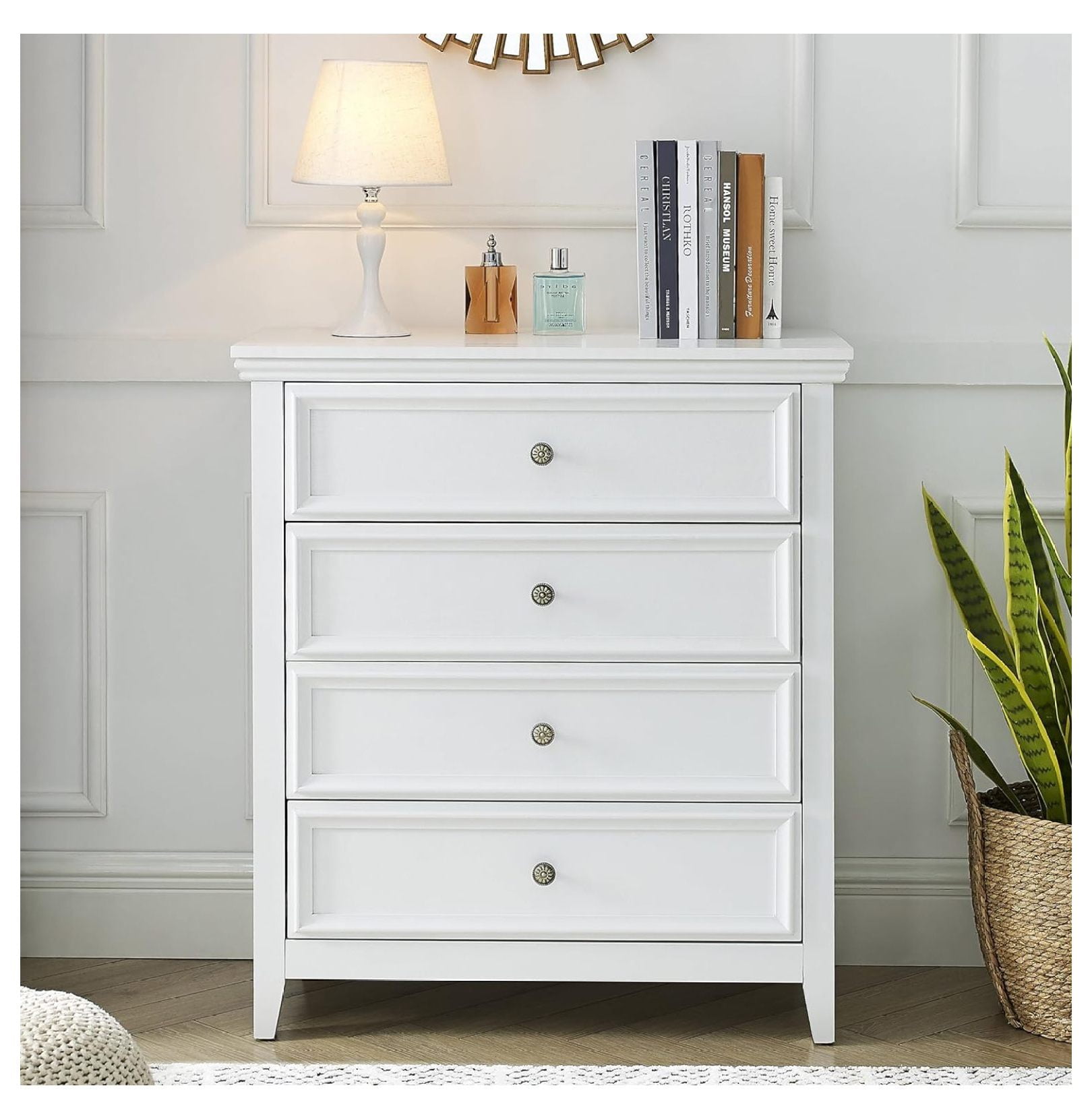 White Farmhouse 4-Drawer Tall Wooden Dresser