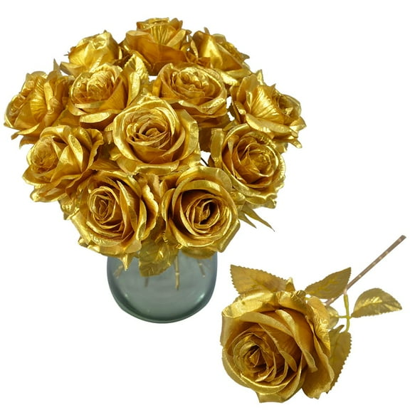 Alifemap 12PCS Artificial Gold Roses Flowers,Single Fake Silk Rose Flower with Short Stem Suitable for Family Wedding Party Decoration