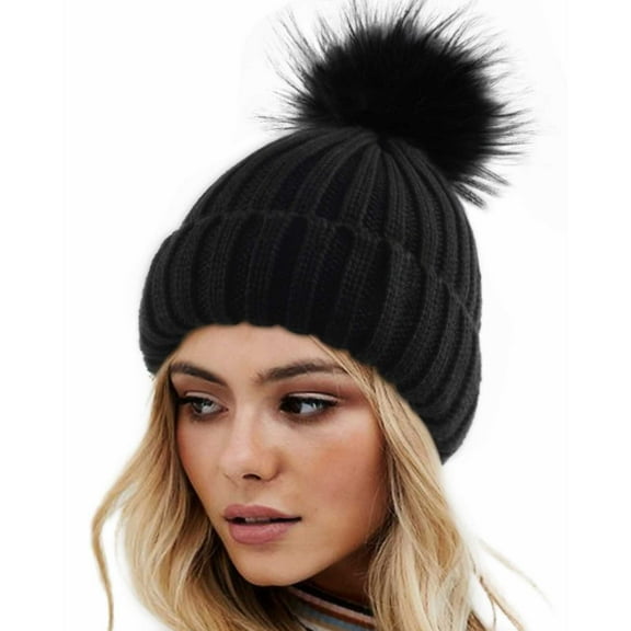 Aligament Black beanies women, Womens Winter Knitted Hat With Faux Pom Warm Knit Cap For Women