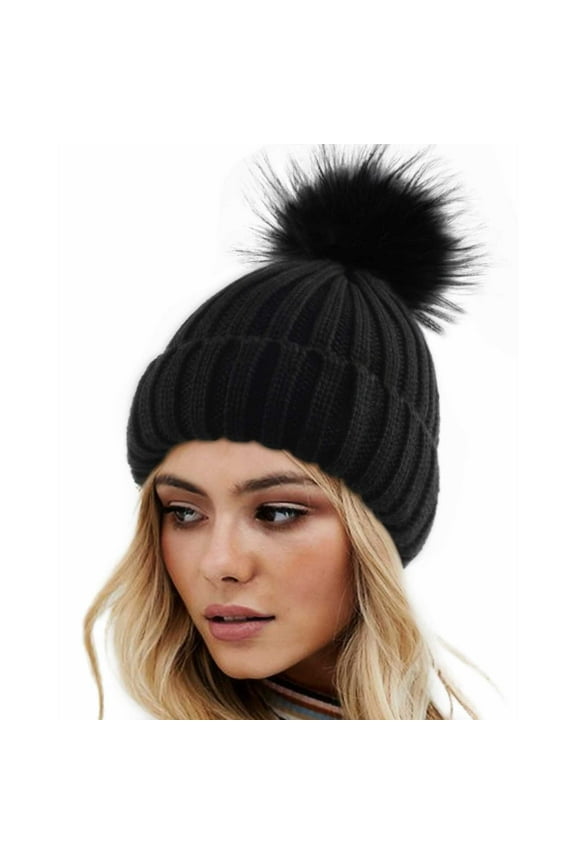 Black beanies women, Womens Winter Knitted Hat With Faux Pom Warm Knit Cap For Women