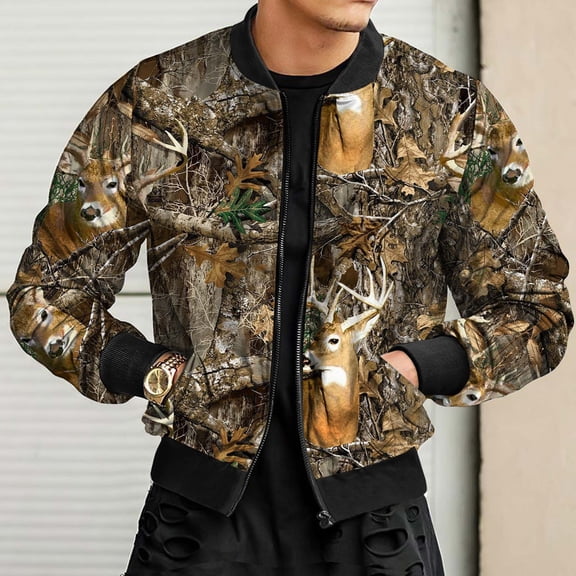 Aligament Christmas Gifts for Men, Brown Winter Coats for Men, Mens Autumn And Winter Leisure Sports Hunting Camouflage Woven Street Collar Zipper Jacket Coat