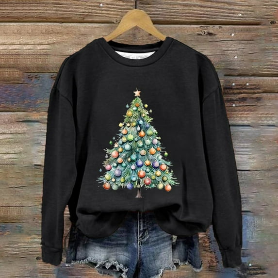 Aligament Christmas Shirts for Women, Black Long Sleeve Shirts for Women, Women's Christmas Tree Print Crew Neck Long Sleeve Sweatshirt
