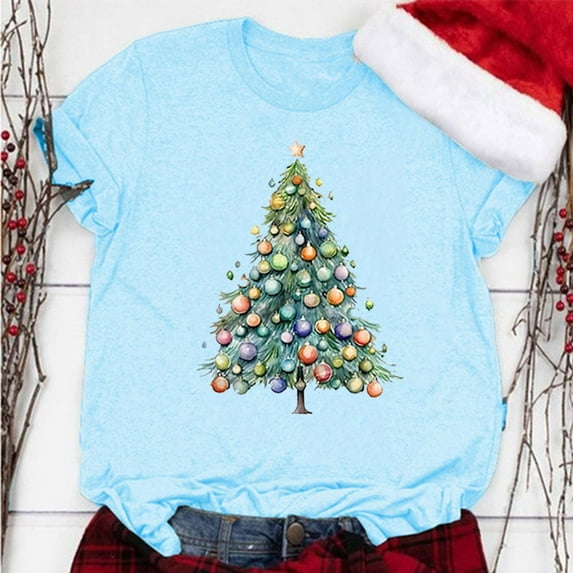Aligament Christmas Shirts for Women, Blue Christmas Gifts, Women's Christmas Print Round Neck Short Sleeve T Shirt Top