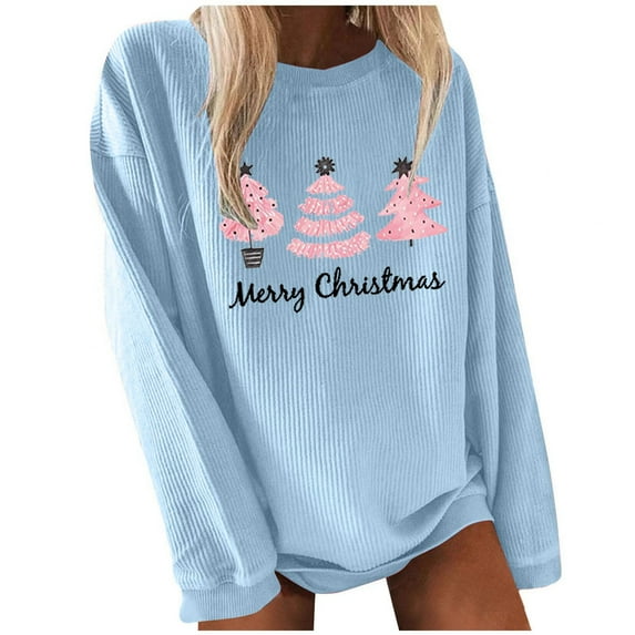 Aligament Christmas Shirts for Women, Blue Long Sleeve Shirts for Women, Merry Christmas Women's Letter Print Round Neck Long Sleeve Top