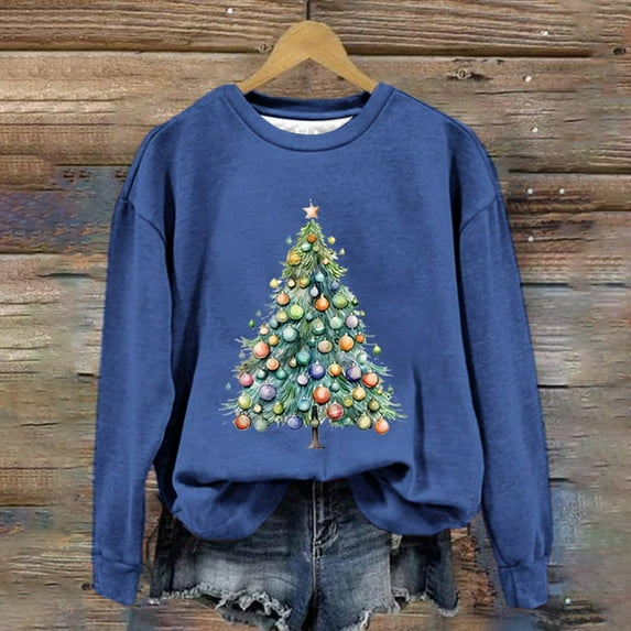 Aligament Christmas Shirts for Women, Blue Long Sleeve Shirts for Women, Women's Christmas Tree Print Crew Neck Long Sleeve Sweatshirt