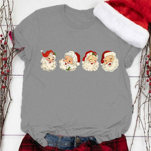 Aligament Christmas Shirts for Women, Gray Christmas Gifts, Women's Santa Print Round Neck Short Sleeve T Shirt Top