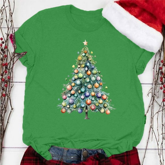 Aligament Christmas Shirts for Women, Green Christmas Gifts, Women's Christmas Print Round Neck Short Sleeve T Shirt Top