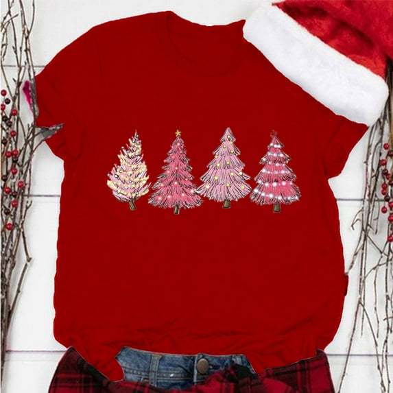 Aligament Christmas Shirts for Women, Red Christmas Gifts, Women's Christmas Print Round Neck Short Sleeve T Shirt Top