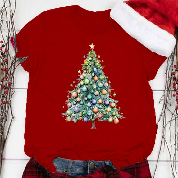 Aligament Christmas Shirts for Women, Red Christmas Gifts, Women's Christmas Print Round Neck Short Sleeve T Shirt Top