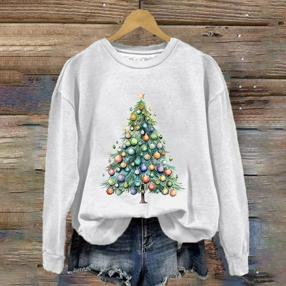 Aligament Christmas Shirts for Women, White Long Sleeve Shirts for Women, Women's Christmas Tree Print Crew Neck Long Sleeve Sweatshirt