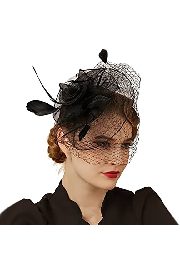 Fascinator Hats for Women Tea Party Hats and Gloves Pearl Jewelry Set Kentucky Derby Hat for Cocktail Wedding, Black