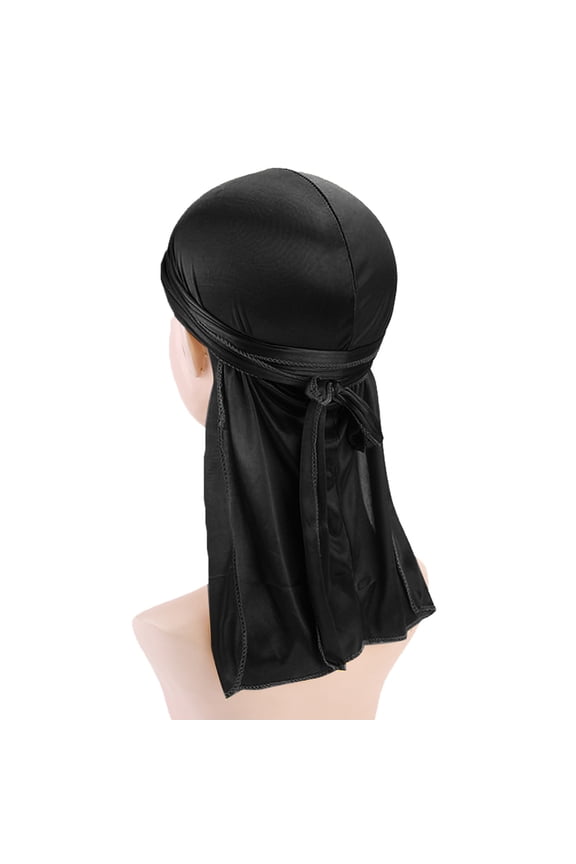 Men Women Extra Long-Tail Headwraps Silky Satin Pirate Cap Bandana Hat Durag Cap for 360 Waves, Black