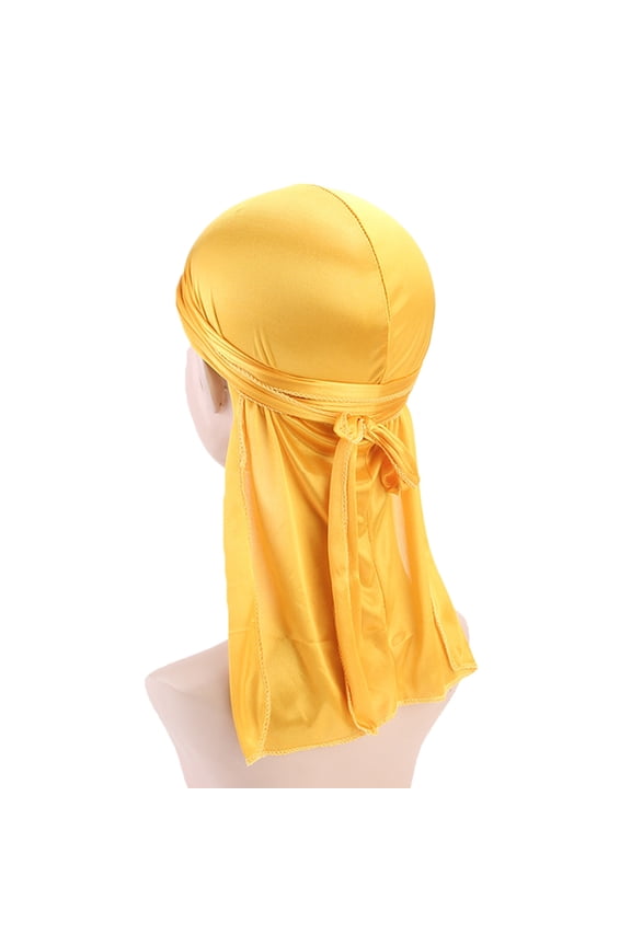 Men Women Extra Long-Tail Headwraps Silky Satin Pirate Cap Bandana Hat Durag Cap for 360 Waves, Yellow