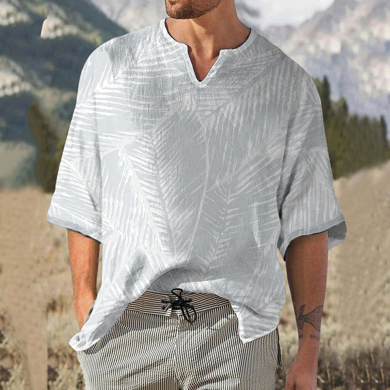 Aligament Mens ElbowLength VNeck Plus Size White Loose Fit Graphic