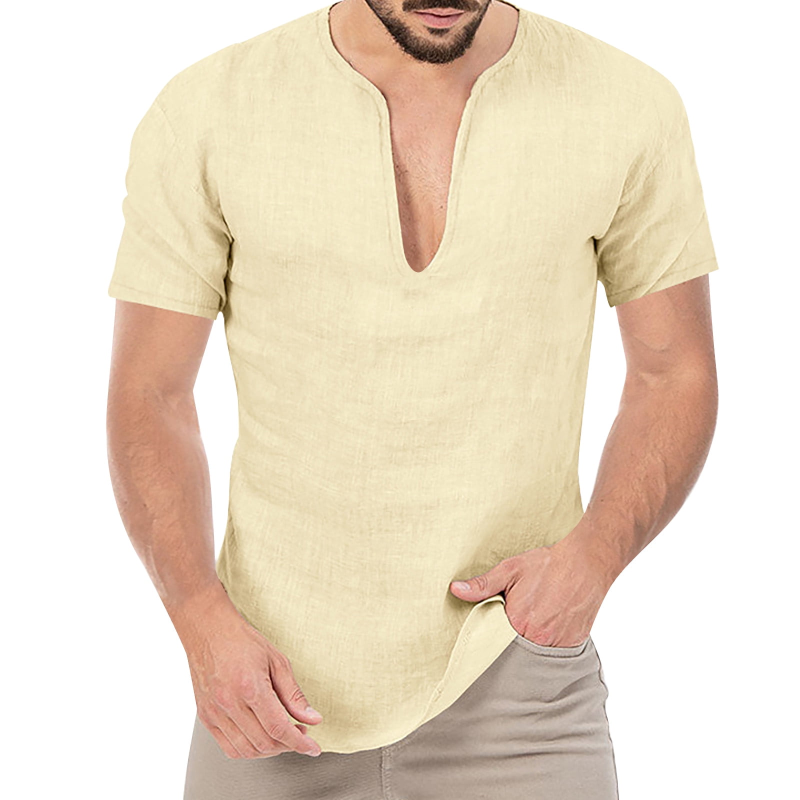 Aligament Mens T Shirts V Neck T Shirts Men Men S Fashion Spring And Summer Casual Short Sleeved Round Solid Color Shirt Top For Undershirt Yellow