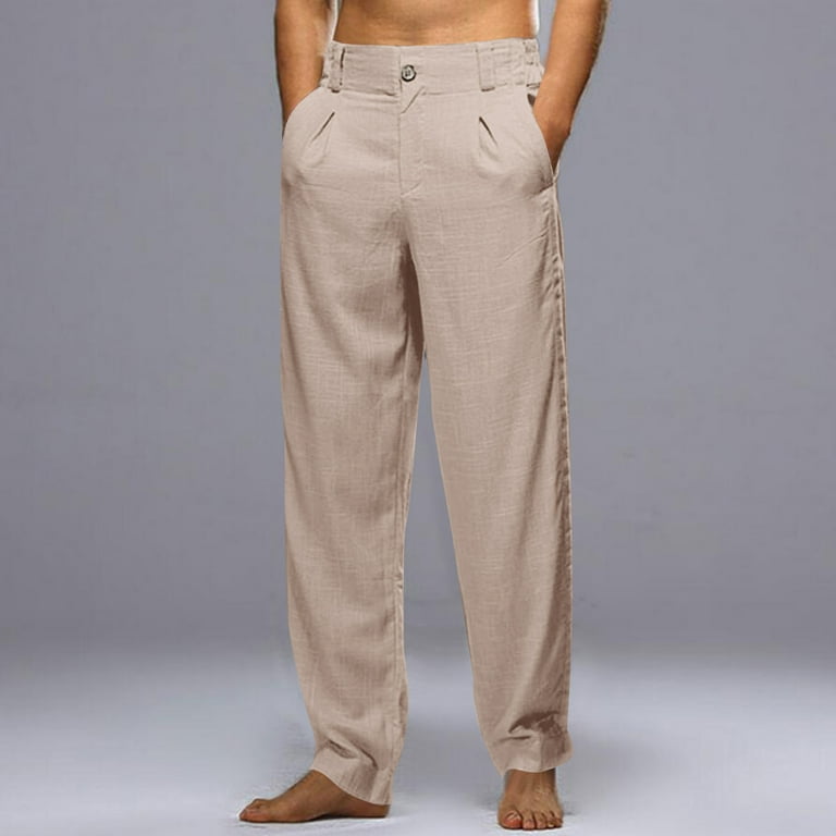 Aligament Plus Size Elastic Waist Casual Fashion Solid Color Flax Pants with Pocket for Men Try Breathable Linen Large Trousers