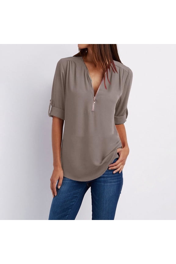 T Shirts for Women Button Women Ladies Clothing Loose Shirt Chiffon Zipper Long Sleeves Plus Size Tops Summer Tops Grey