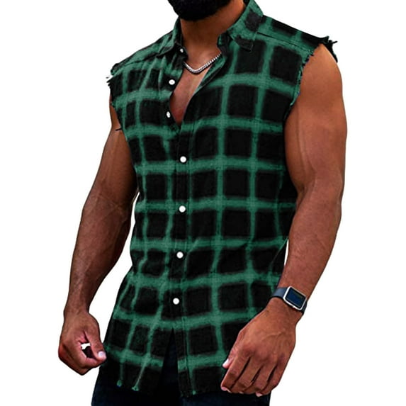 Aligament Tank Tops Men Graphic Tees Mens Summer Fashion Casual Plaid Print Buckle Sanding Sleeveless T Shirt Vest T-Shirts For Men'S ,Green