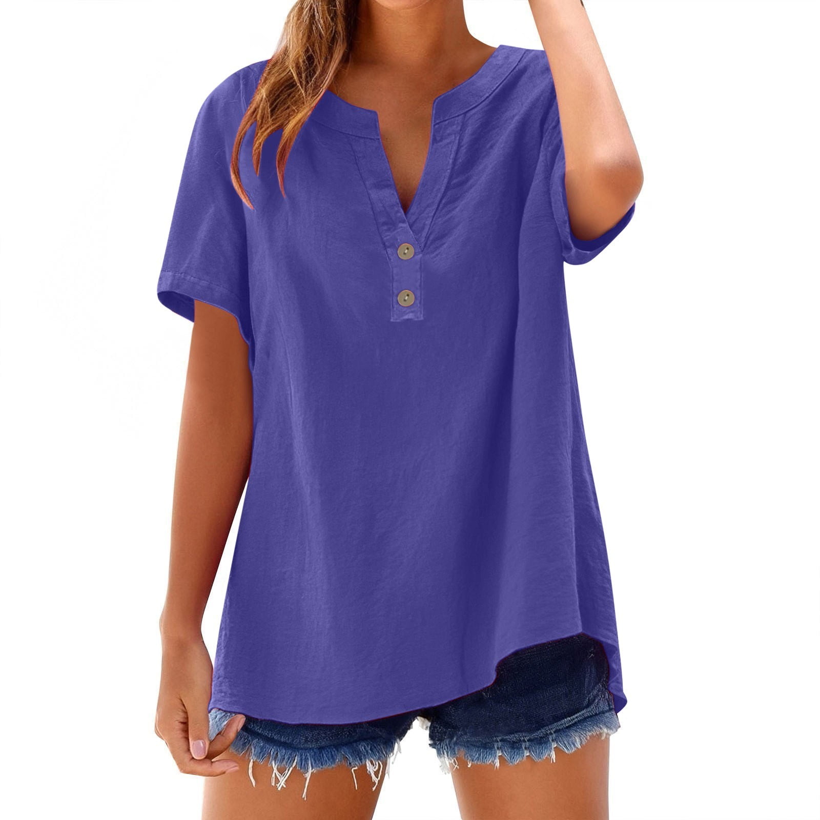 Aligament V Neck T Shirts for Women Loose Button Shirt Top Stand Solid ...