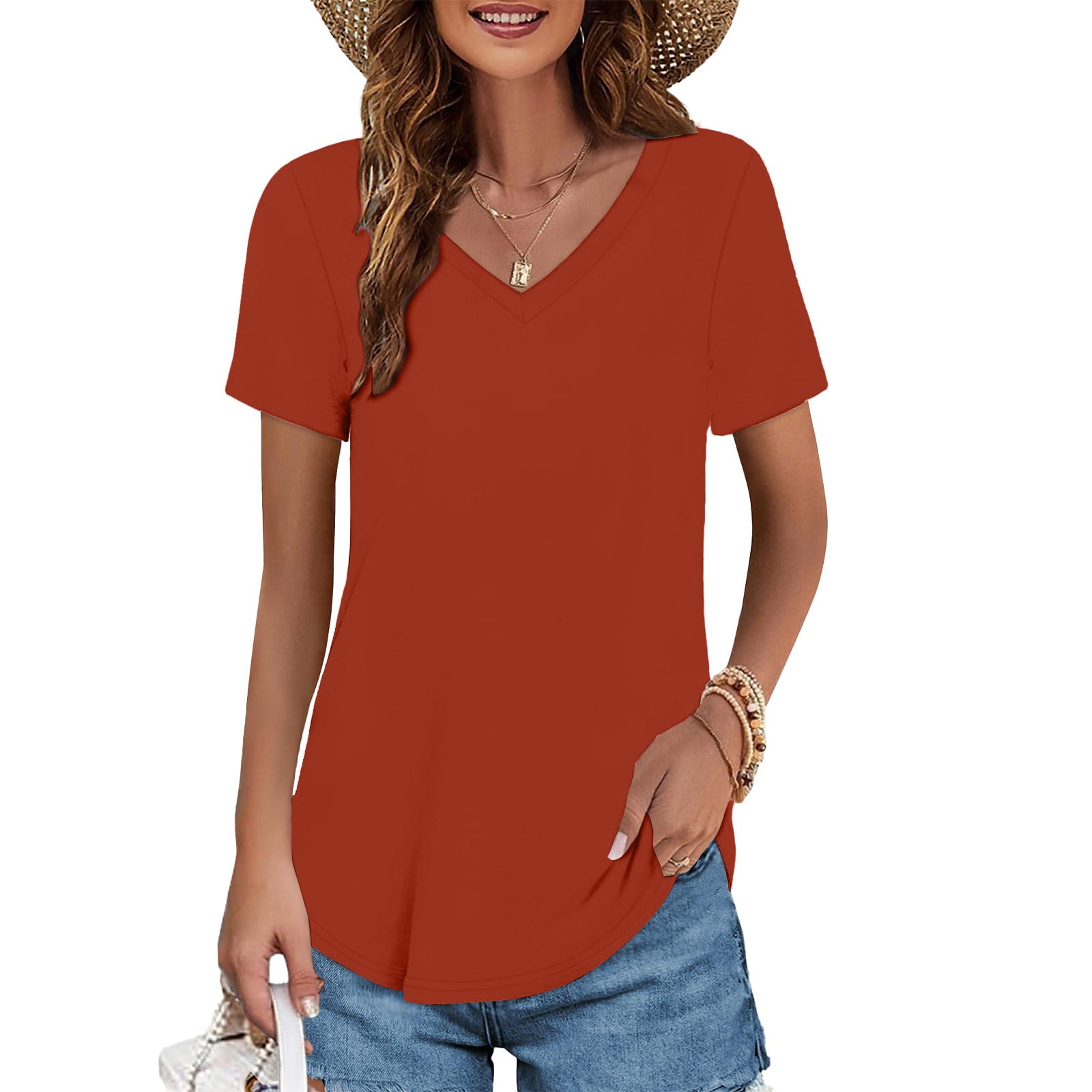 Women's V-Neck Cotton T-Shirt - Summer Short/Long Sleeve Tops, Brown, Large, Casual Comfort - View #4