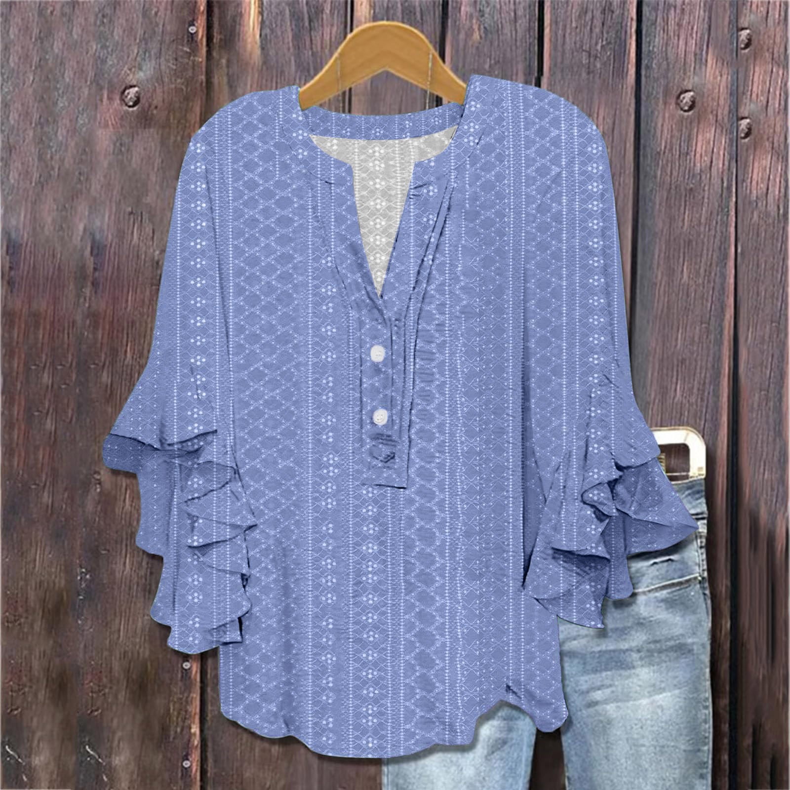 Aligament V Neck T Shirts for Women Tie Button Hollow Fabric Ruffled