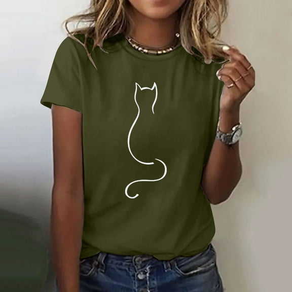 Aligament Womens Graphic T Shirts Cat Print Shirt Round Neck Fashion Lightweight Soft Casual Womens Summer Tops Deep Green