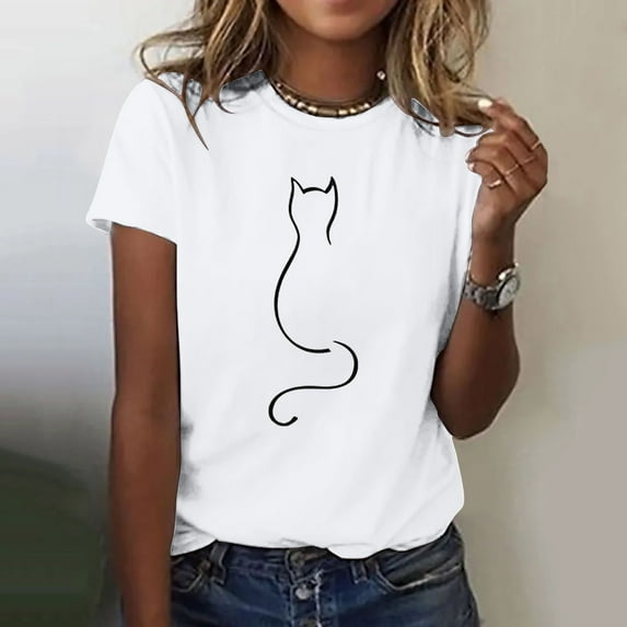 Aligament Womens Graphic T Shirts Cat Print Shirt Round Neck Fashion Lightweight Soft Casual Womens Summer Tops White
