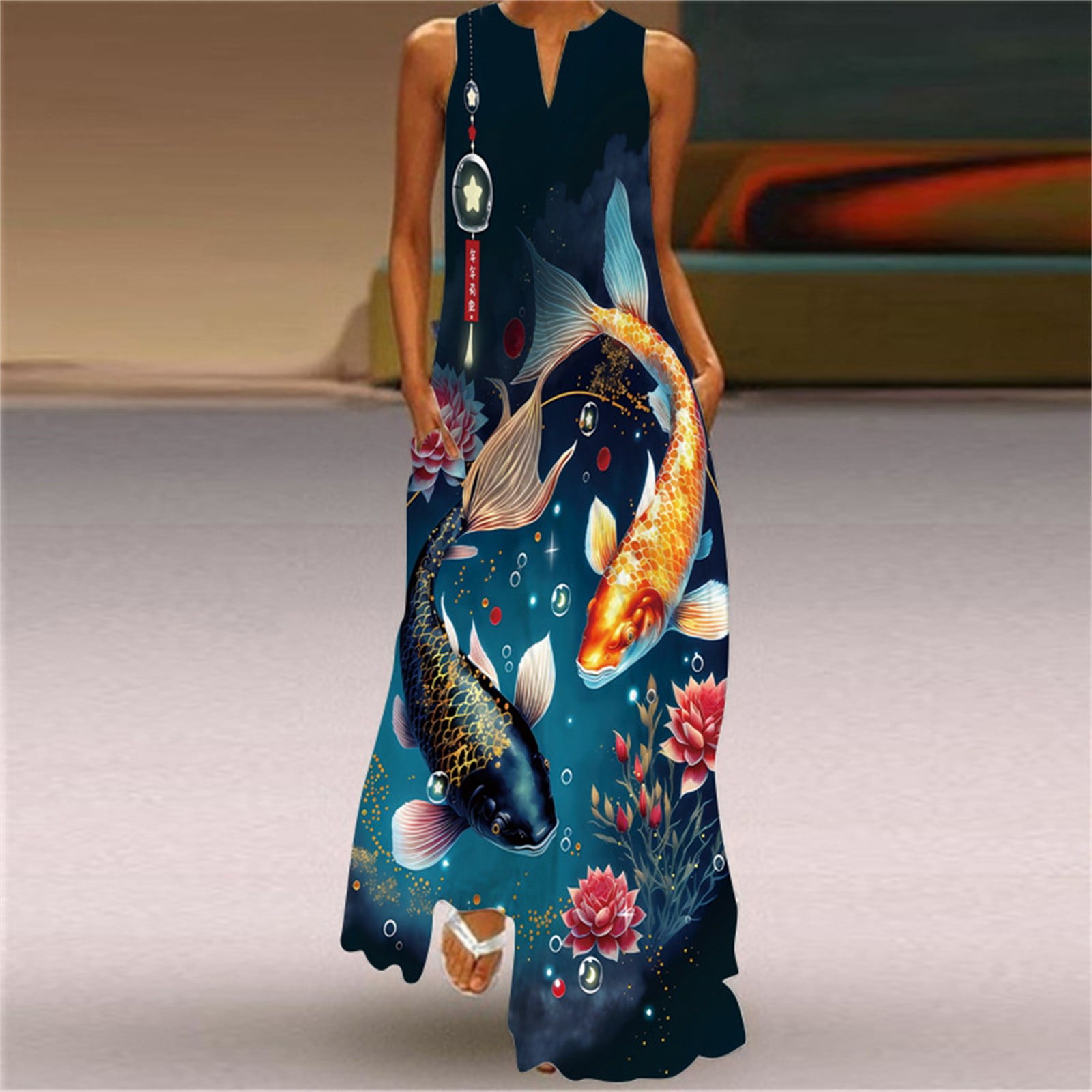Aligament Womens Summer Casual Sleeveless Print V Neck Maxi Loose Dress ...