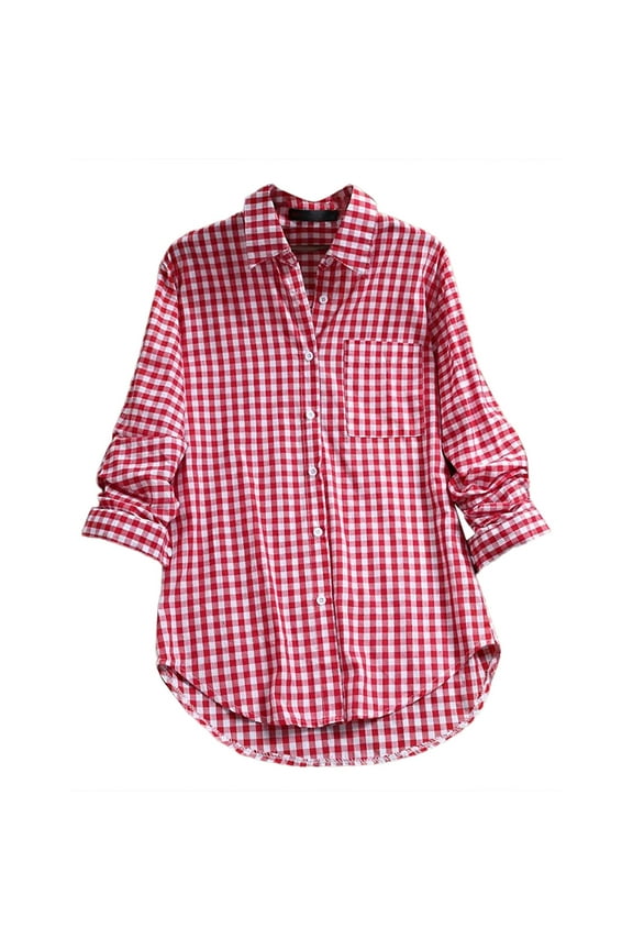 Womens Summer Tops, Women's Plaid Lapel Long Sleeve Vintage Shirt Top, Red M