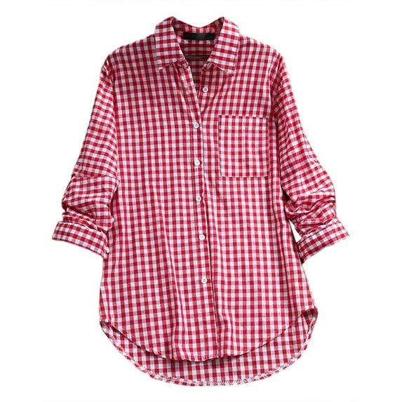 Aligament Womens Summer Tops, Women's Plaid Lapel Long Sleeve Vintage Shirt Top, Red XXL
