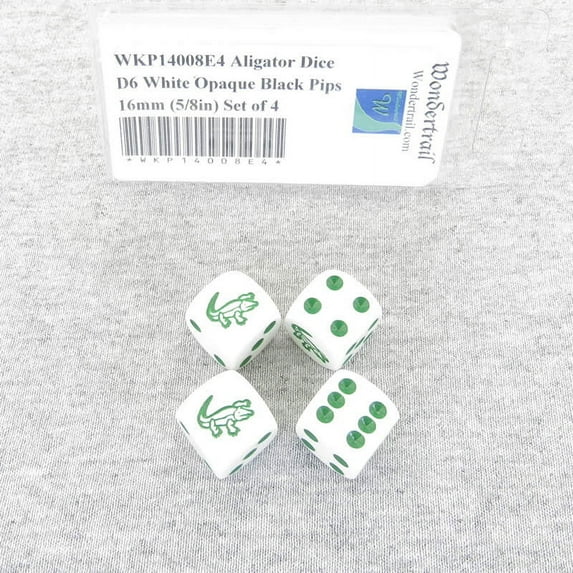 Aligator Dice D6 White Opaque with Green Pips 16mm (5/8in) Set of 4 Wondertrail