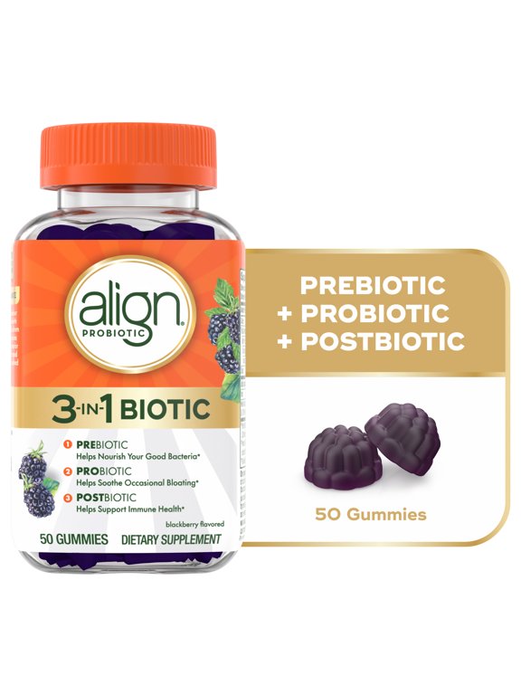 Probiotic, 3-in-1 Biotic Gummies, Prebiotic + Probiotic + Postbiotic, Probiotics for Women, Helps Relieve Occasional Bloating*, Blackberry Flavor, 50 Gummies