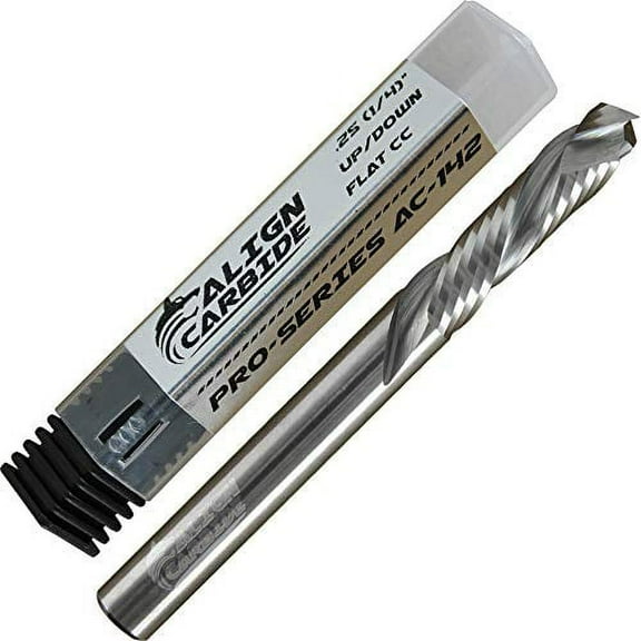 Align Carbide, UP Down (Compression) Router Bit, 1/4 Inch Cutting Diameter, 1/4 Inch Shank, Premium Solid Micro Grain Carbide, Spiral Plunge, 2 Flute, Flat Cutting Face, CNC Router Pro-Serie
