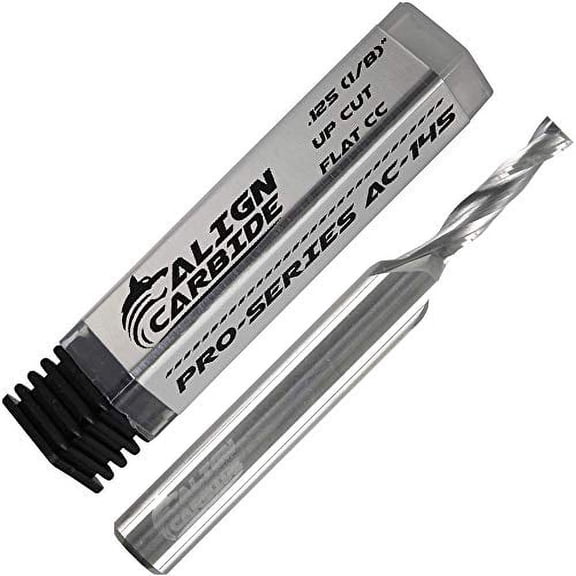 Align Carbide, UP Cut Router Bit, 1/8 Inch Cutting Diameter, 1/4 Inch Shank, Premium Solid Micro Grain Carbide, Spiral Plunge, 2 Flute, Flat Cutting Face, CNC Router Pro-Series.