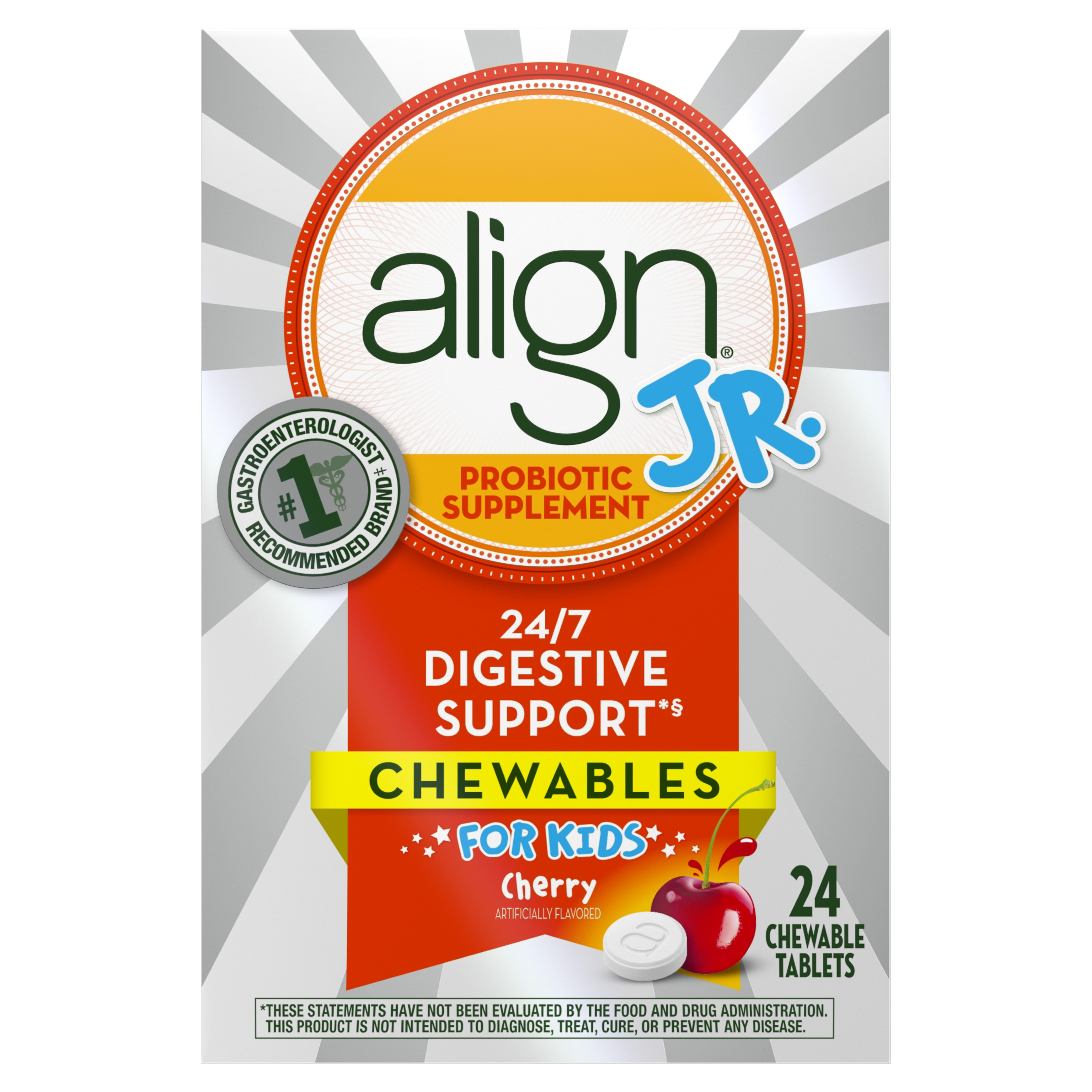 Align Jr. Chewables for Children, Daily Probiotic Supplement for Kids Digestive Health, Cherry Smoothie Flavor, 24 count, #1 Recommended Probiotic by Brand by Doctors - image 1 of 6