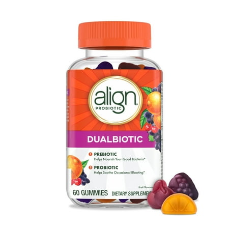 Align Dualbiotic, Prebiotics and Probiotics for Women and Men, Probiotics for Digestive Health, Prebiotics Help Nourish Good Bacteria, Natural Fruit Flavors, 60 Probiotic Gummies