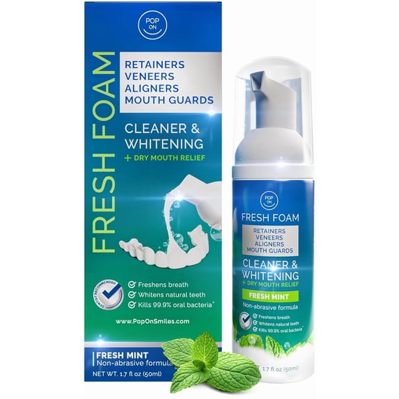 Retainer Cleaner Foam for Invisalign, Aligner Cleaner Whitening Foam for Mouth Guard Night Guard Veneers, Whitens Teeth, Freshens & Fights Bad Breath, 3% Hydrogen Peroxide, Mint - 50ml