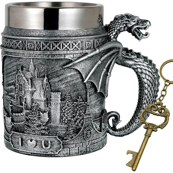 Alikiki Medieval Castle Dragon Coffee Mug - Dungeons and Dragons Gifts for Men 21oz Stainless GOT Game Cup of Thrones Beer Mugs Steins Tankard - Dragon Themed Party Decoration