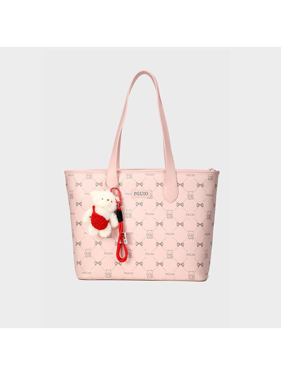 Bear Bow All Over Print Large Commuter Tote Shoulder Bag, Plush Bear Charm Handbag for Women, Pink