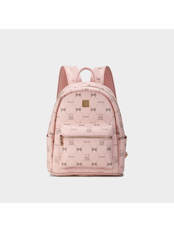 Bear Bow Print Large Backpack, 3-Way Handheld Single Shoulder Rucksack for Women, Large Solid Pink
