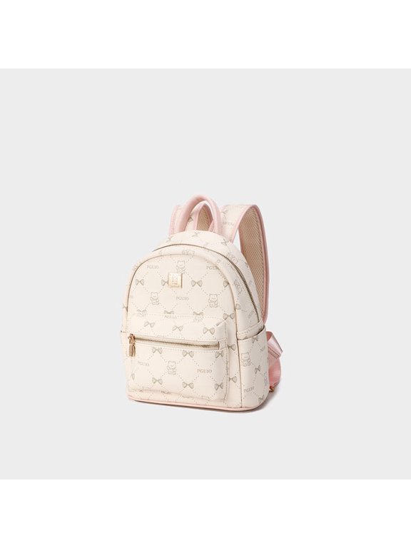 Bear Bow Print Mini Backpack, 3-Way Handheld Single Shoulder Rucksack for Women, Small White Pink Trim