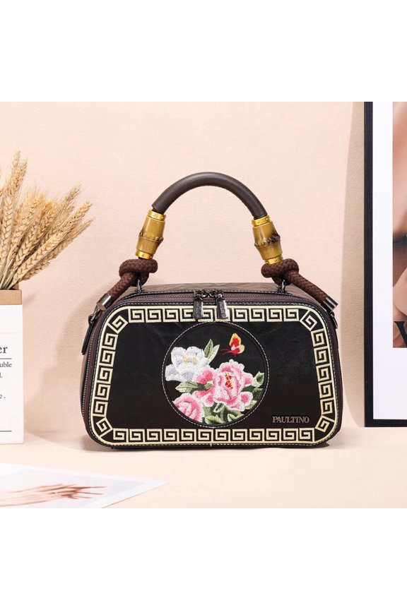 Women's PU Peony Butterfly Embroidery Hobo Box Handbag, Black