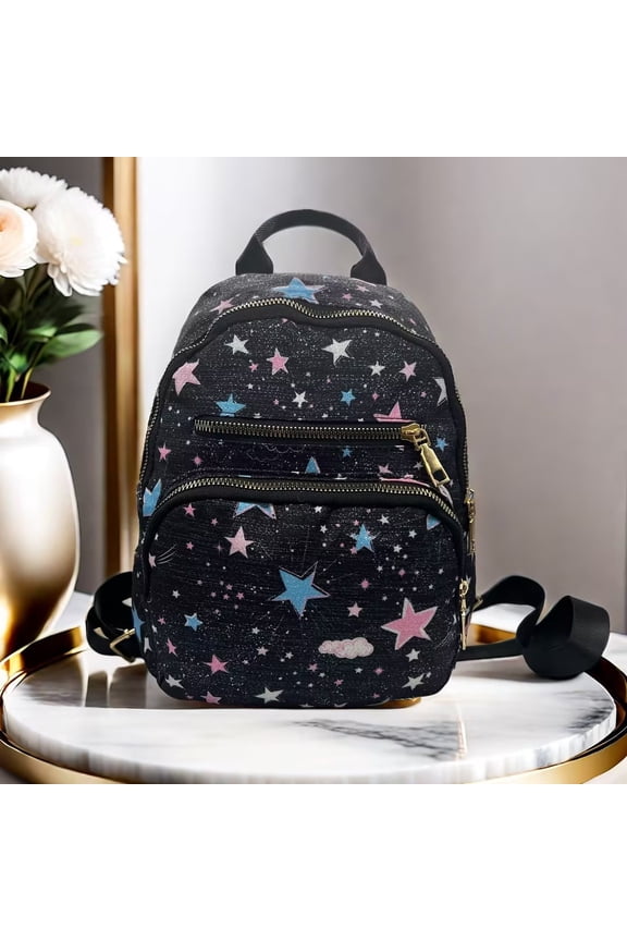 Black Star Print Mini Backpack, Y2K Style Small Backpack Purse for Women with Adjustable Straps
