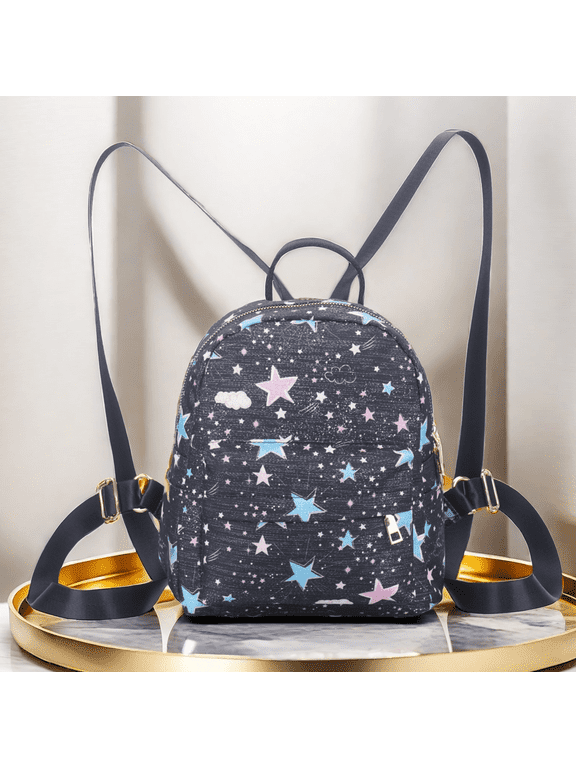 Black Pentagram Y2K Mini Backpack Purse, Cute Star & Cloud Pattern Small Daypack for Women