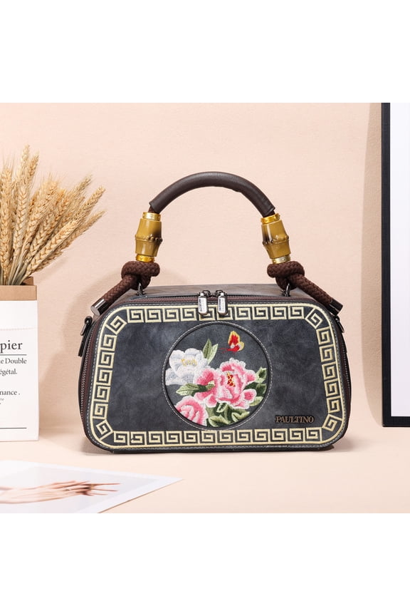 Dark Gray Chinese Retro Peony Butterfly Embroidery Box Handbag, Bamboo Bead Handle Crossbody Purse