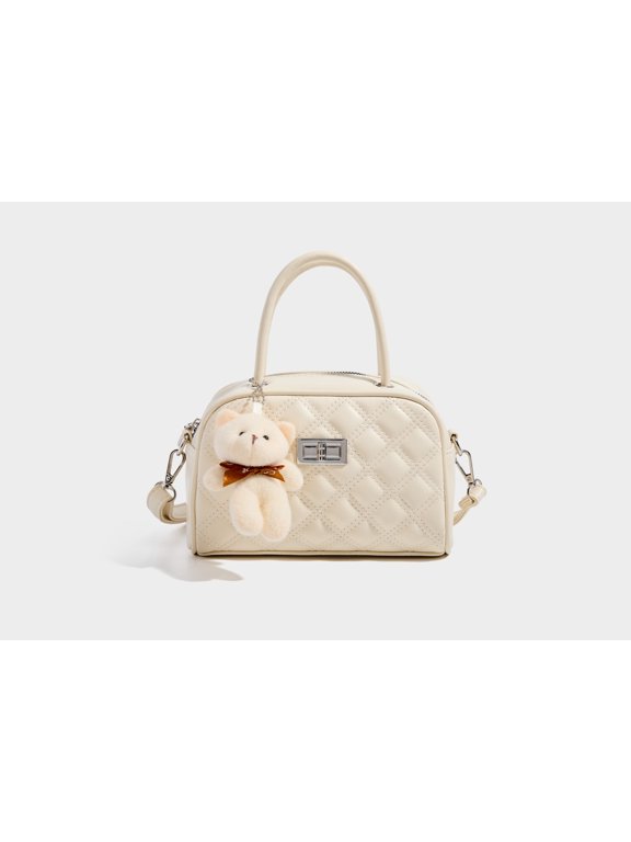 Diamond Quilted Mini Boston Handbag, Plush Bear Charm Crossbody Shoulder Purse for Women, Plain Off White