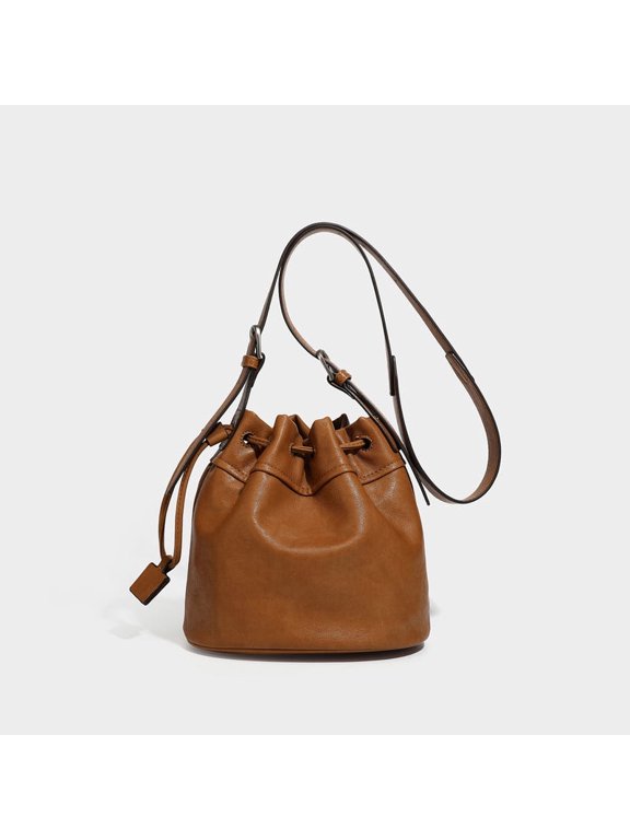 Drawstring Bucket Bag, Faux Leather Crossbody Shoulder Purse Adjustable Strap for Women, Brown