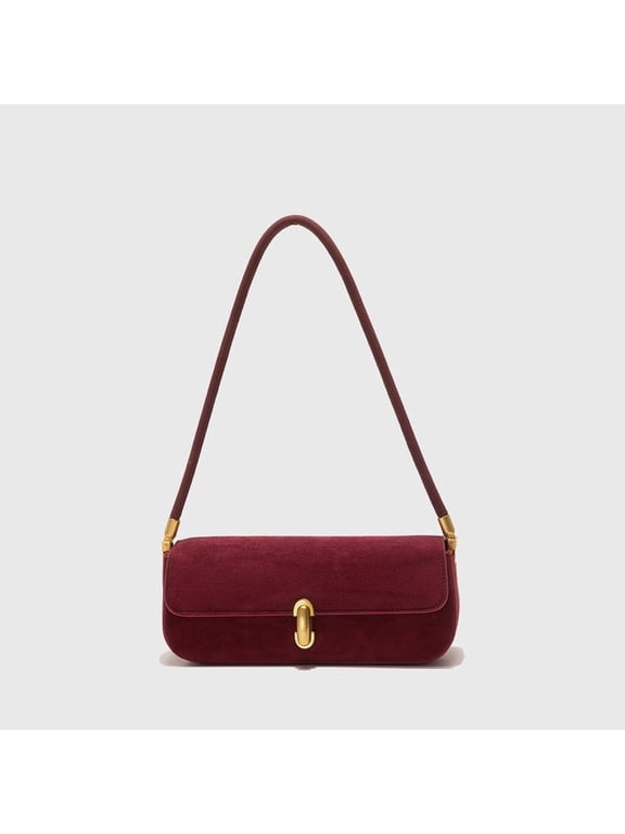 Elegant Suede Red Baguette Shoulder Bag, Gold Metal Clasp Party Dating Underarm Daily Purse for Women