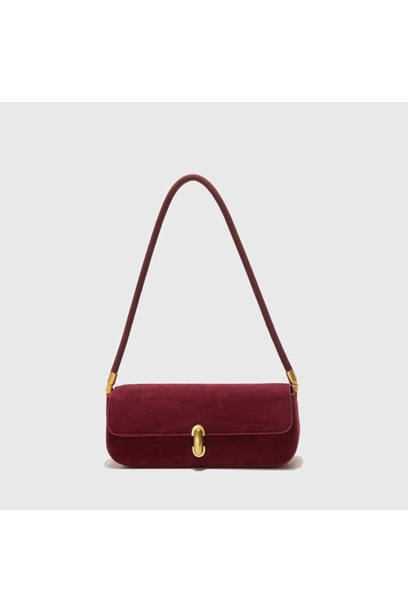 Elegant Suede Red Baguette Shoulder Bag, Gold Metal Clasp Party Dating Underarm Daily Purse for Women