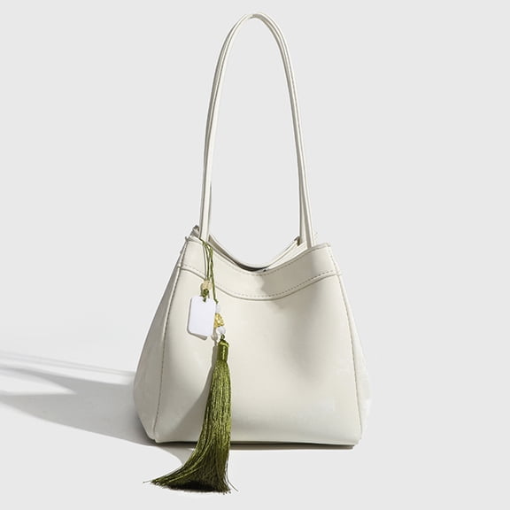 Alikpop Elegant Tassel Bucket Tote Bag, Adjustable Dual Straps Casual Shoulder Crossbody Purse for Women, White